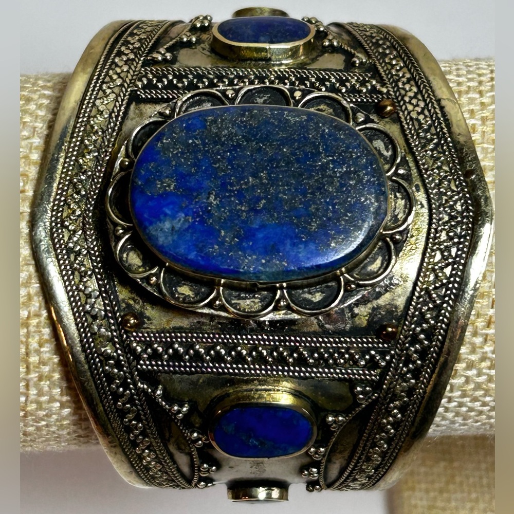 Old Large Genuine Lapis Lazuli Stones Silver Middle Eastern Cuff Bracelet Bangle